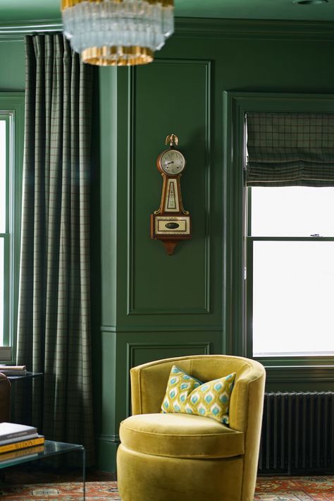 Modern meets traditional Green Victorian Parlor transformation. Colonial Verdigris | Molding | Masculine | Study | Library | Ralph Lauren | Built-in Colonial Verdigris, Witchy Lookbook, Masculine Study, Renovation Husbands, Parlor Ideas, Victorian Parlor, Studying Library, Wall Panel Design, Green Rooms