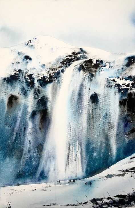 Waterfall Watercolor, Loose Watercolor Paintings, Landscape Snow, Abstract Mountains, Waterfall Paintings, Mountain Waterfall, Fall Landscape, Sky Artwork, Winter Watercolor