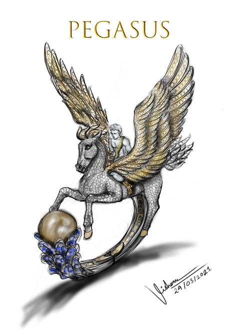 This flying pegasus discovering a giant pearl in the middle of the sea. High end jewelry design by VISHONU DAS Flying Pegasus, High End Jewelry, Diamond Earrings Design, Earrings Design, Pearl Jewellery, Figure Drawing, Designer Earrings, In The Middle, Pearl Jewelry