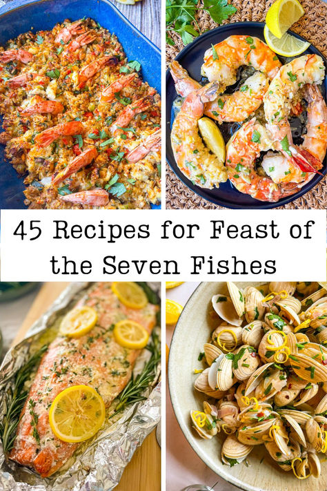 four seafood dishes prepared for Christmas eve celebration 7 Fishes Christmas Eve Recipes, 7 Fishes Christmas Eve, Seven Fishes Recipes, Feast Of Seven Fishes, Christmas Eve Recipes, Feast Of The Seven Fishes, Feast Recipes, 7 Fishes, Seafood Dish Recipes