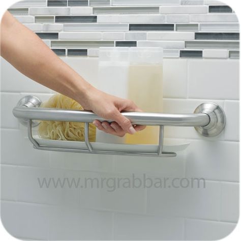 Designer Grab Bar with Integrated Shelf - Moen LR2356DBN #aginginplace Accent Bathroom, Ada Bathroom, Senior Design, Accessible Bathroom, Bar Shelf, Barrier Free, Grab Bar, Blue Accent, Bathroom Redo