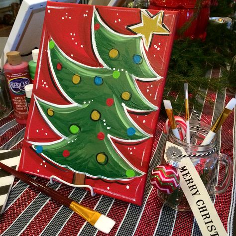 Host a Holiday Painting Party for your friends at home! The Christmas Tree canvas the girls will duplicate. All supplies from Michaels. #MadewithMichaels Paint Party Christmas Ideas, Paint Party Christmas, Xmas Paint Night Ideas, Canvas Painting Christmas Ideas, Diy Christmas Canvas Art Easy, Easy Paint Party Paintings, Christmas Painting Party, Paint And Sip Ideas Christmas Easy, Paint Night Christmas Ideas