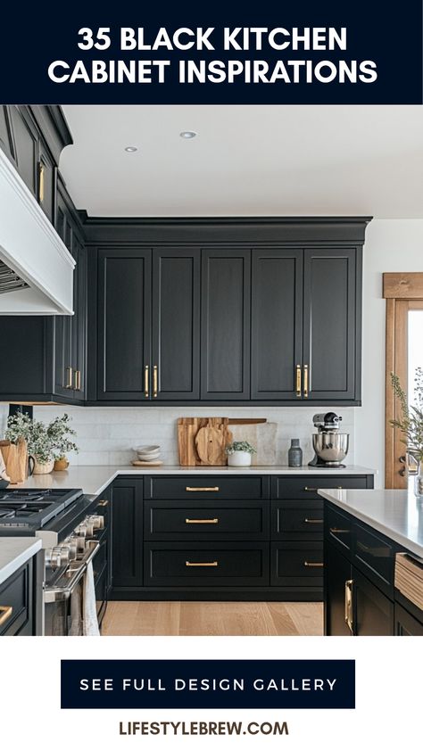 Explore these 35 amazing black kitchen cabinet ideas that effortlessly combine elegance, modern style, and functionality. From sleek contemporary designs to more traditional looks, these ideas will enhance your kitchen and transform it into a serene space anyone would admire. Discover how to incorporate black cabinets into your interior design through various color schemes, finishes, and complementary decor tips. Whether you're updating your existing decor or starting fresh, these stunning cabinet styles will help capture the beauty and sophistication your kitchen deserves. Black Cabinets With Gold Handles, Black Cabinet Kitchen Decor, All Black Cabinets Kitchen, Black And Natural Wood Kitchen Cabinets, Black Cabinet Kitchen Ideas, Painted Black Kitchen Cabinets, Modern Black Kitchen Cabinets, Black Cabinets Wood Countertop, Black Bottom Cabinets White Upper