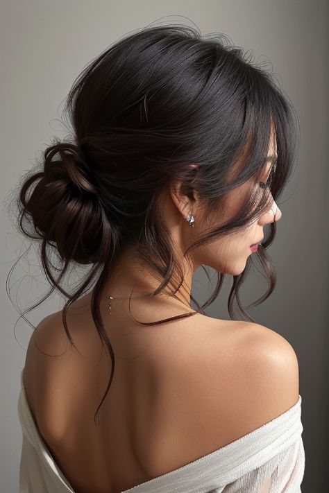 Messy Side Updo, Textured Twist Updo, Hair Up With Bangs Wedding, Wedding Updos For Long Hair Dark Brown, Simple Low Updo Wedding, Bridal Bun With Curtain Bangs, Updos For Moms Of The Bride, Bridal Hairstyles Medium Hair, Bridal Updo For Dark Hair