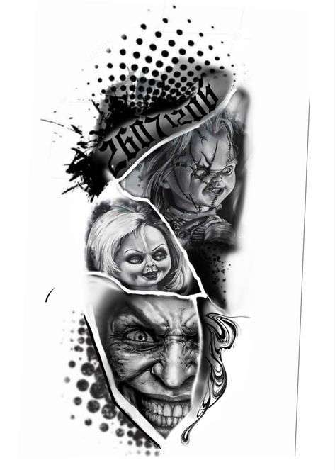 Tattoo Joker Design, Chucky Tattoo Design, Angel Devil Tattoo, Chucky Tattoo, Meaningful Tattoos For Men, Koi Tattoo Sleeve, Asian Dragon Tattoo, Colored Tattoo Design, Horror Movie Tattoos