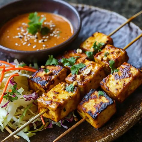 Paneer Satay is a vegetarian twist on the classic Thai and Indonesian satay skewers, typically made with chicken or beef. In this delightful dish, cubes of paneer (Indian cottage cheese) are marinated in a fragrant mixture of spices and herbs, skewered, and grilled to perfection. Served with a creamy and savory peanut sauce, Paneer Satay is a flavorful appetizer or snack that combines the richness of paneer with the bold flavors of Southeast Asian cuisine. Indian Food Paneer, Indonesian Food Vegetarian, Cafe Appetizers, Paneer Skewers, Indian Pinterest, Indonesian Satay, Fried Fritters, Paneer Snacks, Satay Skewers