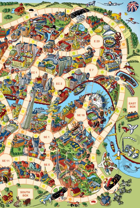 Illustration of a London board game on Behance-----want this one, too. Board Game Map Design, Board Game Map, Game Board Design, Maps Illustration Design, Fantasy Board Games, Educational Board Games, Map Illustration, Board Game Design, Games Design