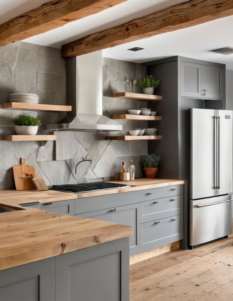 Grey Cabinets With Wood Countertops, Grey And Neutral Kitchen, Kitchen Dark Grey And Wood, Grey Cabinets With Butcher Block Counter, Gray Cabinets With Butcher Block Counter, Grey And Brown Kitchen, Grey Countertops Kitchen, Kitchen With Grey Countertops, Kitchen Grey Wood