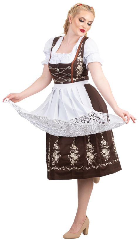 PRICES MAY VARY. 3 PIECE OUTFIT - You Will Receive The Complete Set - The Brown Dirndl With Soft Beige Embroidery, The White Lace Apron And Crop Top. Wear All 3 Pieces For An Authentic German Bavarian Trachten Look Or Separately. You Will Look Lovely For Oktoberfest, Christmas, A Renaissance Festival, Halloween Or A Holiday Party. EMBROIDERY WIDTH & DETAILING - The Pretty Embroidery Around The Base Is 11 1/2" (Inches) High. The Embroidery Has A Backing on the Inside Of the Skirt To Prevent Unrav