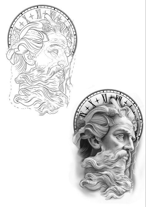 Realistic Tattoo Stencil, Tattoo Greek Mythology, Statue Portrait, Portrait Tattoo Sleeve, Greek God Tattoo, Chicano Tattoos Sleeve, Zeus Tattoo, P Tattoo, Design Outline