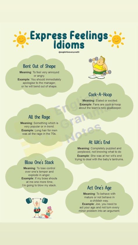 Idioms In English With Meaning, Idioms About Feelings, How To Express Your Feelings, English Idioms With Meaning, Idiomatic Phrases, Idioms In English, Idioms Activities, Idioms English, Feelings List