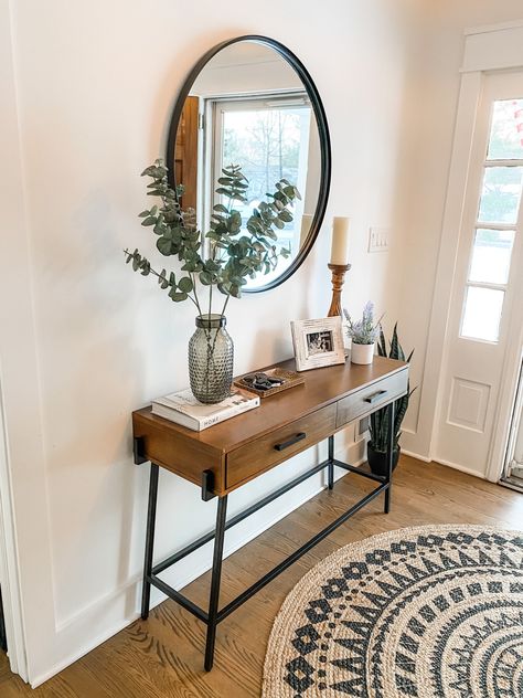 Mirror Over Table Entryway, Entryway Rug Size Guide Farmhouse, Round Rug Hallway Entrance, Entryway Table With Round Mirror, Table By Door Entryway, Mirror By Front Door Entrance, Target Console Table Entryway, Entryway Round Mirror, Round Foyer Rugs Entryway