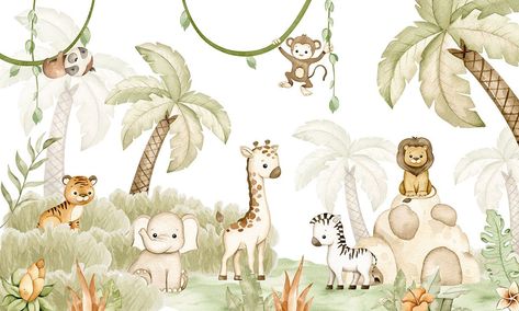 Safari Theme Wallpaper, Safari Drawing, Joy Wallpaper, Baby Room Paintings, Room Paintings, Theme Wallpaper, Safari Theme Nursery, Garden Party Birthday, Velvet Wallpaper