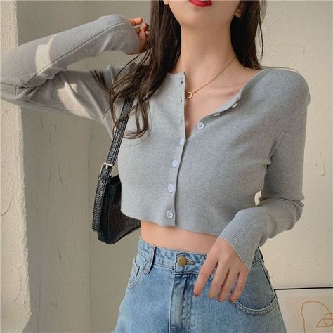 Closette Buttoned Cropped Long-Sleeve Top | YesStyle Mode Harajuku, Fashion Vibes, Stickers Printable, Cardigan Crop, Korean Girl Fashion, Ulzzang Fashion, Kpop Fashion Outfits, 가을 패션, Korean Outfits