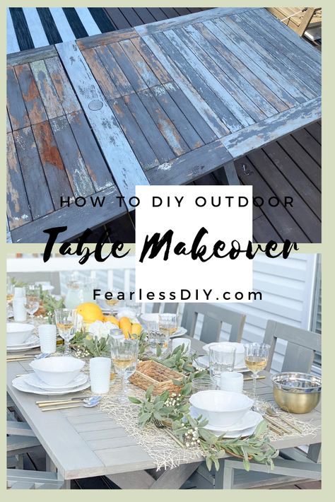 Outdoor Wood Table Paint Ideas, Refurbished Outdoor Table, Painted Outdoor Table And Chairs, Outdoor Table Upcycle, Upcycled Outdoor Table, Refinish Outdoor Table, Painted Outdoor Table Ideas, Refurbished Outdoor Furniture, Outdoor Table Painting Ideas