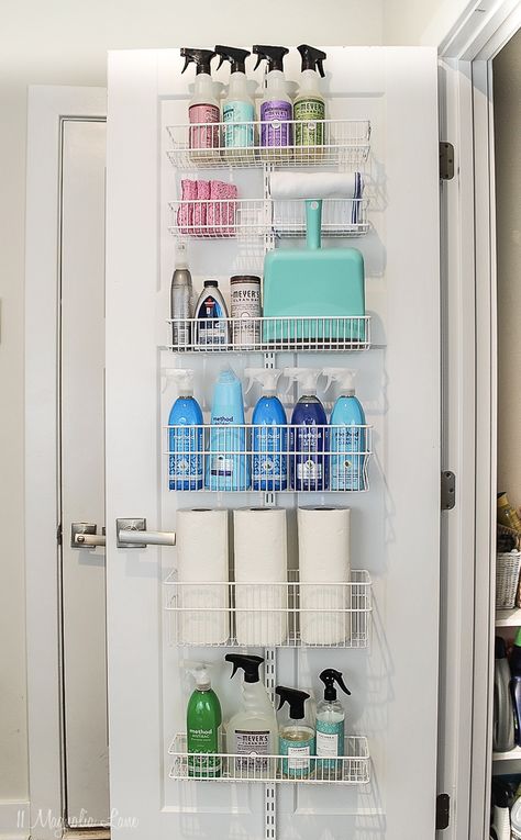 Small Closet Organization Hallway, Cleaner Cabinet Organization, Cleaning Shelf Organization, Coat Closet To Cleaning Closet, Cleaning Supplies Closet Organization, Where To Store Mop Bucket, Tiny Cleaning Closet, Organize Cleaning Closet, Small Cleaning Closet Organization