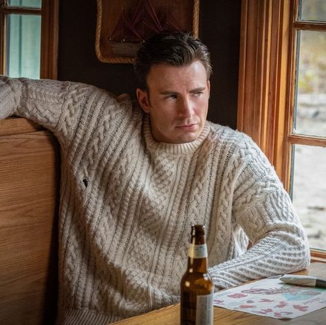 Knives Out, Cable Knits In | Lion Brand Notebook Christopher Robert Evans, Joseph Williams, Harry Belafonte, Robert Evans, Aran Sweater, Chris Evans Captain America, Fisherman Sweater, Movie Costumes, Steve Rogers