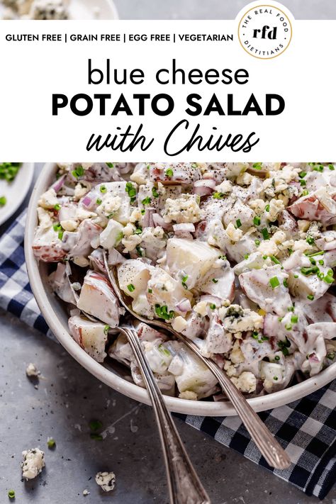 Blue Cheese Potato Salad with Chives (Gluten Free, Egg Free) Blue Cheese Potato Salad, Real Food Dietitians, Cheese Potato, Preserving Foods, Classic Potato Salad, Gluten Free Egg Free, Cheese Potatoes, Summer Grilling, Eating Clean