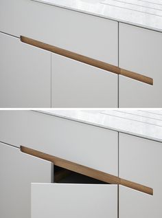 No Hardware For The Kitchen Cabinets In This London Home // This kitchen has white melamine cabinets with a recessed finger detail made from European oak, to make it easy to open the drawers and cabinets. Kitchen Cabinets Without Hardware, Melamine Cabinets, Dressing Design, Joinery Details, London Home, Wood Handles, Kitchen Doors, Kitchen Color, Furniture Handles