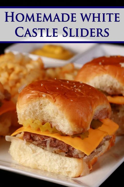 A plate of 3 copycat white castle burgers on a plate with crinkle cut fries. Homemade White Castle Burgers, White Castle Burgers Copycat, Copycat White Castle, Homemade White Castle Sliders, Copycat White Castle Sliders, Whitecastle Burgers, White Castle Sliders Recipes, Copycat Burger Recipes, White Castle Recipe