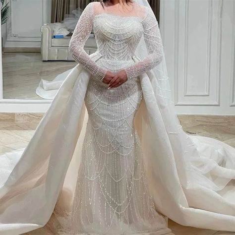 Exquisite Wedding Dress Long Sleeves Bateau Shiny Sequins Pearls Beaded 3d Lace Detachable Train Bridal Gowns Vestido De Novia - Wedding Dresses - AliExpress Mermaid Wedding Dress With Detachable, Wedding Dress With Detachable Train, Dress With Detachable Train, Detachable Wedding Dress, Wedding Dresses Mermaid Sweetheart, Long Sleeve Bridal Gown, Bridal Party Gowns, Detachable Train, Sweetheart Wedding Dress