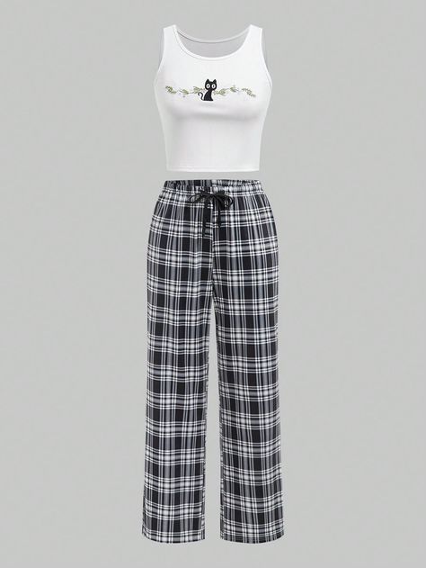 Black and White  Collar   Cartoon  Embellished Medium Stretch Fall,Spring,Summer Women Sleep & Lounge Eminem Daughter, Checkered Pajamas, Pajama Pants Plaid, Plaid Pjs, Spring Pajamas, Checked Pants, Cat Embroidery, White Pajamas, Plaid Pajama Pants