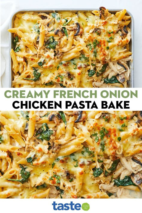 French Onion Chicken Pasta Bake, Retro Dinner Recipes, French Pasta Recipes, French Onion Pasta Bake, Bake Recipes Dinner, Chicken Pasta Bake Recipes, French Onion Chicken Pasta, Things To Eat For Dinner, Creamy French Onion Chicken