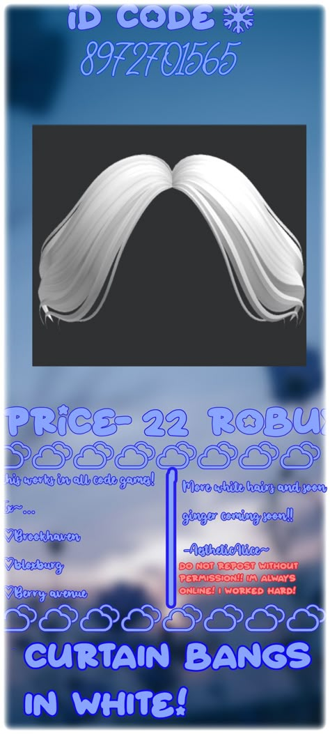 A roblox code bangs in the color white White Bangs Code Brookhaven, Roblox White Bangs Codes, White Hair Codes Berry Ave, Roblox White Hair Codes, Ora Aldc, White Hair Extensions, Brookhaven Code, Roblox Id, Iphone Wallpaper Cat