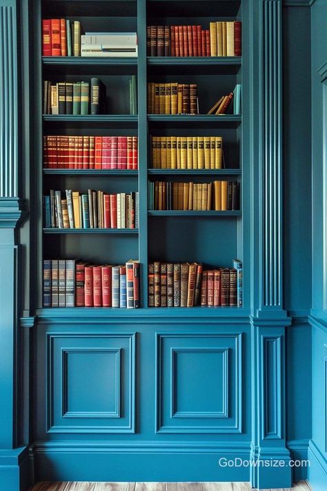 This calming blue interior displays a majestic built-in bookshelf that blends into the color scheme seamlessly. Blue Bookshelves, Colorful Bookshelf, Board Game Cafe, Game Cafe, Blue Cafe, Built In Shelves Living Room, Cool Bookshelves, Bookshelf Organization, Corner Bookshelves