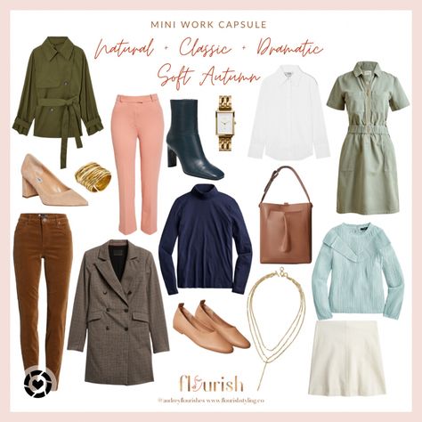 Soft Autumn Fall Capsule Wardrobe, Edgy Soft Autumn Outfits, Autumn Pallette Outfit, Soft Autumn Dramatic, Soft Autumn Work Outfits, Soft Autumn Summer Outfits, Soft Autumn Jewelry, Soft Autumn Outfits Capsule Wardrobe, Soft Autumn Clothes