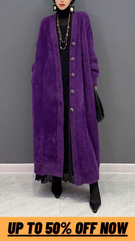 Buy 2 items and save $6.00 Buy 3 items and save $10.00 Buy 4 items and save $15.00 Bright Winter Outfits Aesthetic, Outfits With Long Hair, Laudna Cosplay, Purple Winter Outfit, Purple Cardigan Outfits, Worship Outfits, David Muir, 00s Mode, Linen Coat