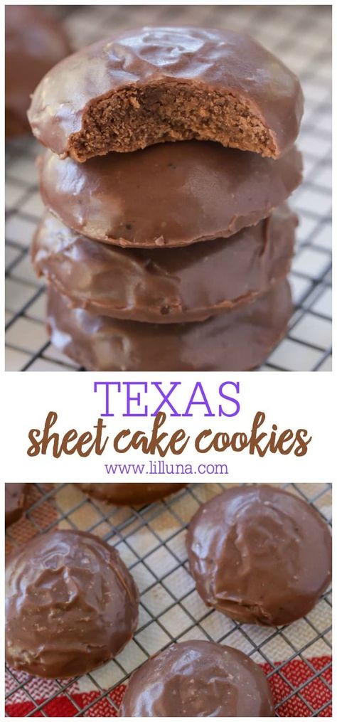 One of our favorite desserts in cookie form. These Texas Sheet Cake cookies are soft, delicious and taste just like cake. They're great for get togethers and holidays! #texassheetcakecookies #texassheetcake #sheetcakecookies Sheet Cake Cookies, Texas Chocolate Sheet Cake, Texas Sheet Cake Cookies, Perfect Sugar Cookies, Texas Sheet, Cookies From Scratch, Texas Sheet Cake, Chocolate Sheet Cake, Cookie Recipes Homemade