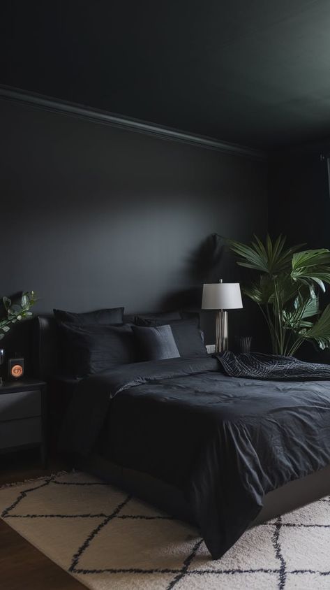 40+ Moody and Chic Bedroom Ideas - Mattress Nut Small Bedroom Ideas Dark, Dark Masculine Bedroom, Dark Bedroom Ideas Cozy, High Rise Bed, All Black Bedroom, Dark Grey Bedroom, Bedroom Elements, Moody Bedrooms, Dark Romantic Bedroom