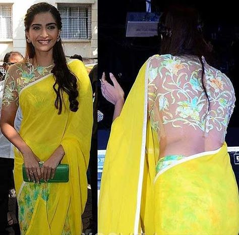 Plain Saree With Designer Blouse Ideas - Yellow Chiffon Saree With A Sheer Blouse Plain Saree And Blouse, Plain Sarees With Contrast Blouse, Saree With Stylish Blouse, Chiffon Saree Blouse Design, Plain Saree With Designer Blouse, Yellow Chiffon Saree, Saree With Embroidery Blouse, Plain Saree With Heavy Blouse, Sari Blouse Styles