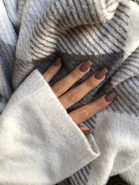 Winter Plain Nails, Nail Inspo Solid Color Winter, Nails Mocha Color, Matte Brown Acrylic Nails Short, Brown Aesthetic Nails Short, Witchy Nails Square, Light Brown Nails Aesthetic, Plain Brown Nails Acrylic, Short Coffin Shape Nails