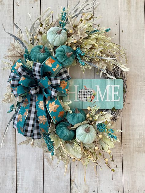 Fall Pumpkin Wreath, Thanksgiving Autumn Teal Mint Buffalo Plaid Pumpkin Farmhouse Decor for Front Door Home Porch, Home Sign Black White - Etsy Fall Wreaths For Black Front Door, Fall Wreath Turquoise, Teal Wreaths For Front Door, Teal Fall Wreath, Blue Pumpkin Wreath, Teal Pumpkin Decor, Teal And Orange Fall Decor, Teal Farmhouse Decor, Grapevine Wreath Ideas Diy