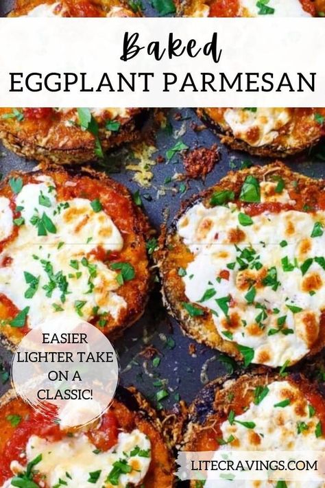 An easy, lighter take on the dish, Baked Eggplant Parmesan has all of the cheesy, crispy goodness of the original without all of the grease. Eggplant Parmesan Easy, Lite Cravings, Baked Eggplant Recipes, Baked Eggplant Parmesan, Healthy Eggplant, Eggplant Recipes Easy, Eggplant Parmesan Baked, Eggplant Recipes Parmesan, Dinner Party Dishes