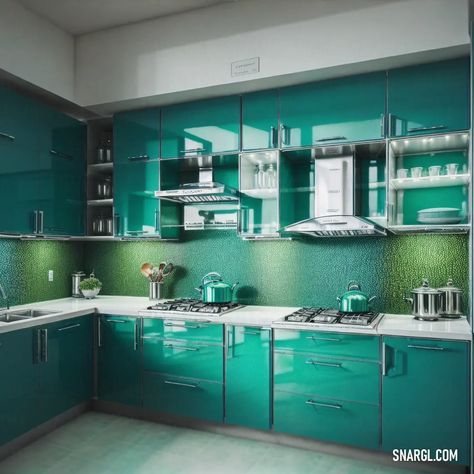 Kitchen with green cabinets and a stove top oven and a sink with a teal green backsplash. Colors, Shamrock green. Aesthetic interior design. Follow us and visit our site for more amazing content! #image #minimalist #modern #photo #tips #bedroom #sink #pattern #interiordesign #style #furniture #Colors #kitchen #boho #interior Green Aesthetic Interior Design, White Kitchen Cabinets Teal Backsplash, Jade Green Backsplash, Teal Splash Back Kitchen, Deep Teal Backsplash, Backsplash Colors, Bedroom Sink, Kitchen With Green Cabinets, Teal Modular Kitchen