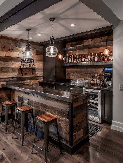 30 Awesome Rustic Basement Ideas [Photo List Inspiration] Farmhouse Game Rooms, Rustic Bar Area In Home, Mens Cave Ideas Room, Mancave Bar Ideas, Basement Small Bar Ideas, Farmhouse Basement Bar Ideas, Basement Bar Design Ideas, Simple Basement Bar Ideas, Bar Ideas For Home Basement