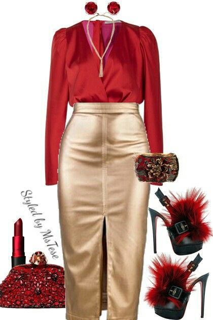 Red And Gold Outfit Ideas Classy, Bronze Skirt Outfit, Red Bottom Outfits, Chic Church Outfits, Red And Gold Outfit, Yellow Knee Length Dress, Color Combos Outfit, Interesting Outfits, Stylish Work Attire