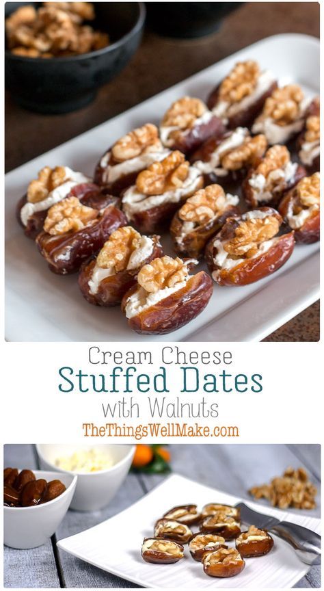 Quick, simple, yet elegant, these cream cheese stuffed dates with walnuts are highly customizable and are the perfect addition to your holiday appetizer lineup.  #dates #appetizers #horsdoeuvres Cream Cheese Stuffed Dates, Cheese Stuffed Dates, Quick Appetizer Recipes, Holiday Appetizers Christmas, Dolce Poche Calorie, Stuffed Dates, Holiday Appetizers Easy, Holiday Appetizer, Quick Appetizers