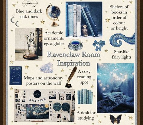 Ravenclaw Library Aesthetic, Ravenclaw Bedroom Decor, Ravenpuff Aesthetic, Ravenclaw Bedroom Aesthetic, Ravenclaw Room Ideas, Ravenclaw Decor, Ravenclaw Things, Ravenclaw Room, Ravenclaw Outfit