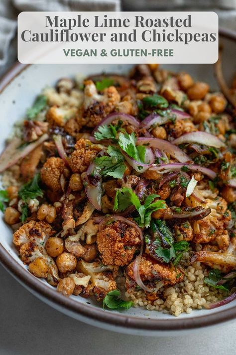 Roasted Cauliflower and Chickpeas tossed together with maple lime marinated onions. A great nutrient packed sheet pan meal easy to make during the work week. Chickpea Plant, Marinated Onions, Cauliflower And Chickpeas, Quinoa Bowls, Vegetarian Mains, Sheet Pans, Autumn Recipes, Head Of Cauliflower, Small Head