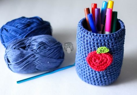 Crochet Pencil Holder — Craftorator Crochet Pencil Holder, Pen Caddy, Pencil Caddy, Crochet Pencil, Crochet Apple, Out Of Pocket, Tunisian Crochet Hook, Needle Holder, Pencil Pen