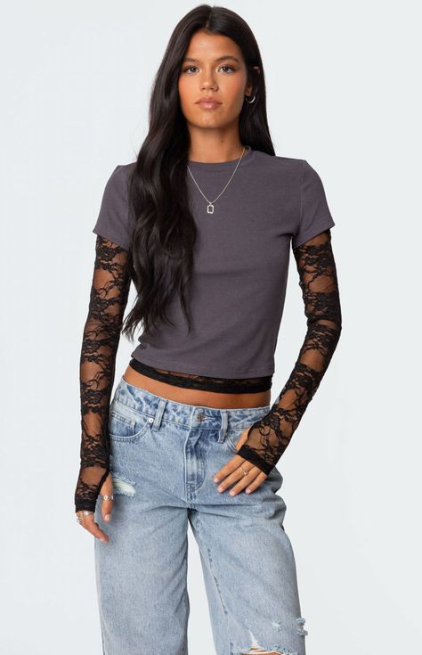 Edikted Layered Lace Sleeve T-Shirt | PacSun Lace Shirt Outfit, Lace Sleeve Top, Lace Layers, Lace Top Long Sleeve, Stretchy Tops, Lace Long Sleeve, Designer Clothes For Men, Basic Outfits, Lace Shirt