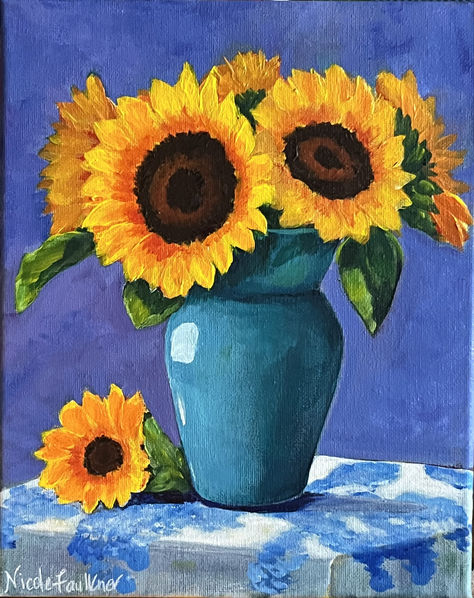 8x10 original acrylic painting. As an Academy of Fine art and Acrylic Painting with Ginger Cook, Nicole takes advantage of "personal art coaching". Sunflower Vase Drawing, Flower Vase Painting Easy, Back To School Painting, Simple Flower Painting Acrylics, Flowers Painting Acrylic, Flower Vase Painting, Painting Flowers Tutorial, Creation Art, Flower Painting Canvas