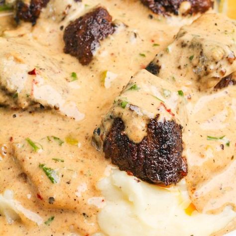 Garlic Butter Steak Bites with Parmesan Cream Sauce - Bad Batch Baking - Restaurant Copycat Recipes & Family Favorites Butter Cream Sauce, Garlic Butter Steak Bites, Butter Steak Bites, Batch Baking, Buttery Mashed Potatoes, Restaurant Copycat, Creamy Parmesan Sauce, Butter Steak, Parmesan Cream Sauce