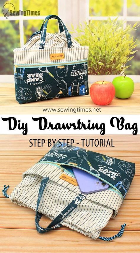 DIY Drawstring Tote Bag | How to sew a lunch bag at home [sewingtimes] Drawstring Tote Bag, Diy Pouch, Handbag Sewing Patterns, Bag Pattern Free, Diy Bags Patterns, Tote Bags Sewing, Sac Lunch, Sewing Purses, Pola Sulam