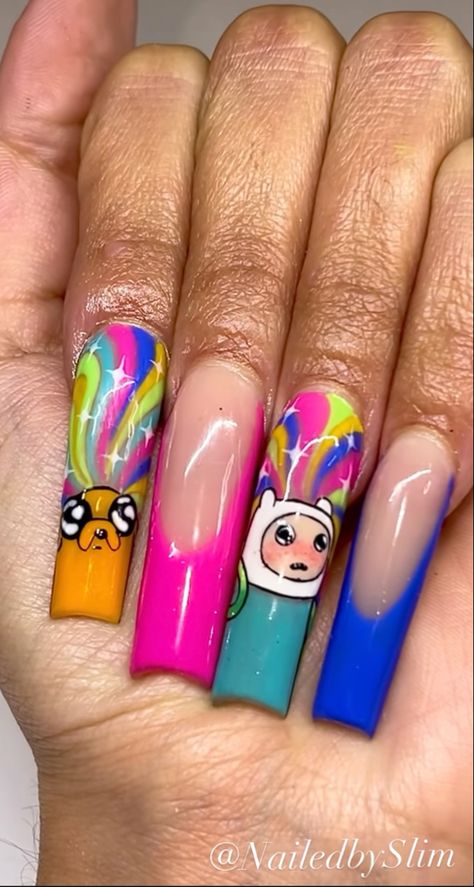 Cartoon Character Nail Art, Cartoon Character Nails, Adventure Time Nails, Nail Tech Quotes, Character Nails, Funky Nail Designs, Cartoon Nails, Anime Nails, Drip Nails