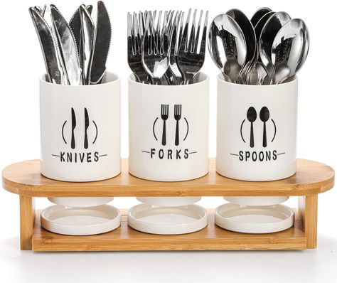 Fasmov Flatware Holder, 3 Pack Silverware Caddy with Bamboo Rack, Utensil Holder Ceramic Flatware Caddy Flatware Caddy White Ceramic Cutlery Organizer for Forks, Spoons, Knives : Amazon.ca: Home Silverware Caddy, Cutlery Organizer, Flatware Holder, Flatware Caddy, Ceramic Cutlery, Utensil Caddy, Utensil Organization, Forks And Spoons, Utensil Holder